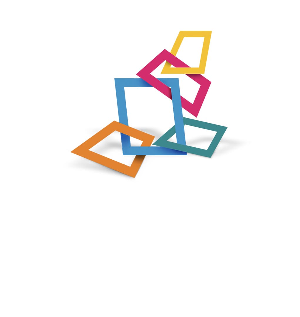 A deconstructed version of the BSQ Group logo with the coloured four-sided shapes of the logo linked in a random fashion